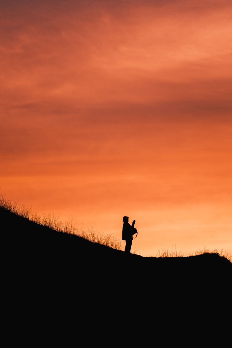 A person standing on top of a hill at sunset